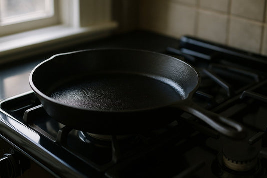 Well-seasoned cast iron skillet on a hob with a dark glossy surface