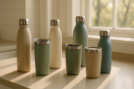 Stainless steel insulated water bottles and travel mugs lined up on a kitchen worktop