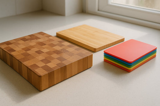End-grain wooden chopping board, bamboo board and coloured plastic boards stacked on a worktop