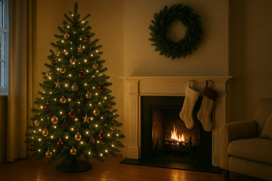 Decorated artificial Christmas tree with warm white lights beside a wreath and stockings