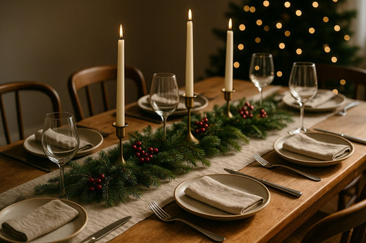 Christmas dinner table laid with stoneware plates, linen napkins, glassware and candles