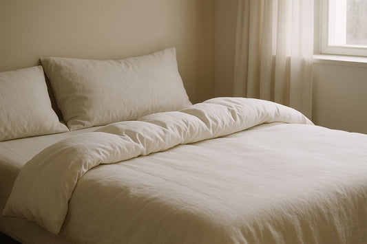 Neatly made bed with a thick white duvet folded back over cotton bedding in a bright bedroom