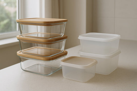 Stacked glass food storage containers with bamboo lids next to plastic containers on a worktop