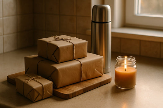 Wrapped gifts beside a chopping board, an insulated flask and a candle on a kitchen worktop