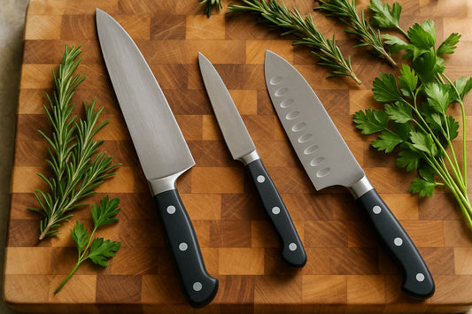 Chef knife, paring knife and santoku resting on an end-grain wooden chopping board