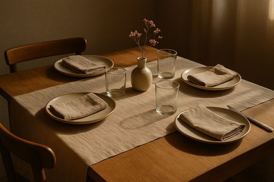 Dining table laid with stoneware plates, linen napkins and simple glassware