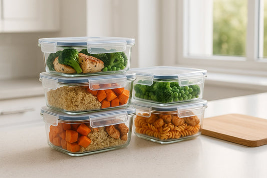 Glass meal prep containers with portioned food stacked on a kitchen worktop