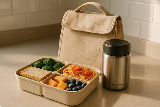 Bento lunch box with compartments, an insulated food flask and a lunch bag on a kitchen worktop
