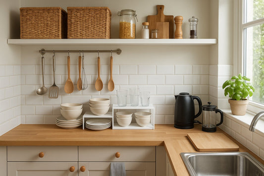 Organised small kitchen with tiered shelf racks, hanging rail and stacked storage baskets