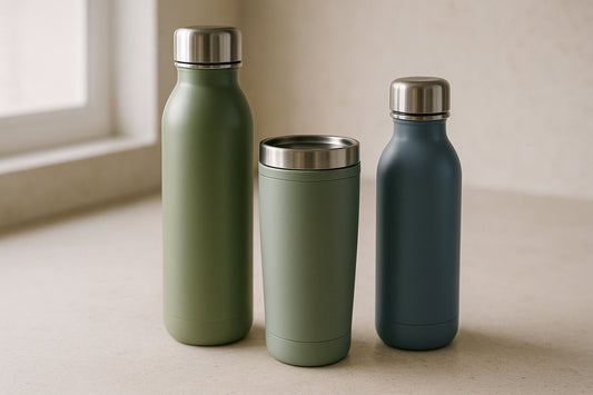 Three stainless steel insulated bottles and tumblers of different sizes on a kitchen worktop