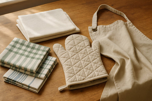 Folded cotton tea towels, an apron and oven gloves on a wooden kitchen surface