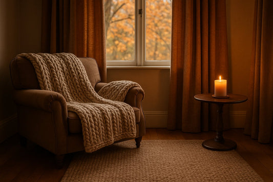 Armchair with a folded chunky knit throw beside lined curtains and a rug in a warm living room