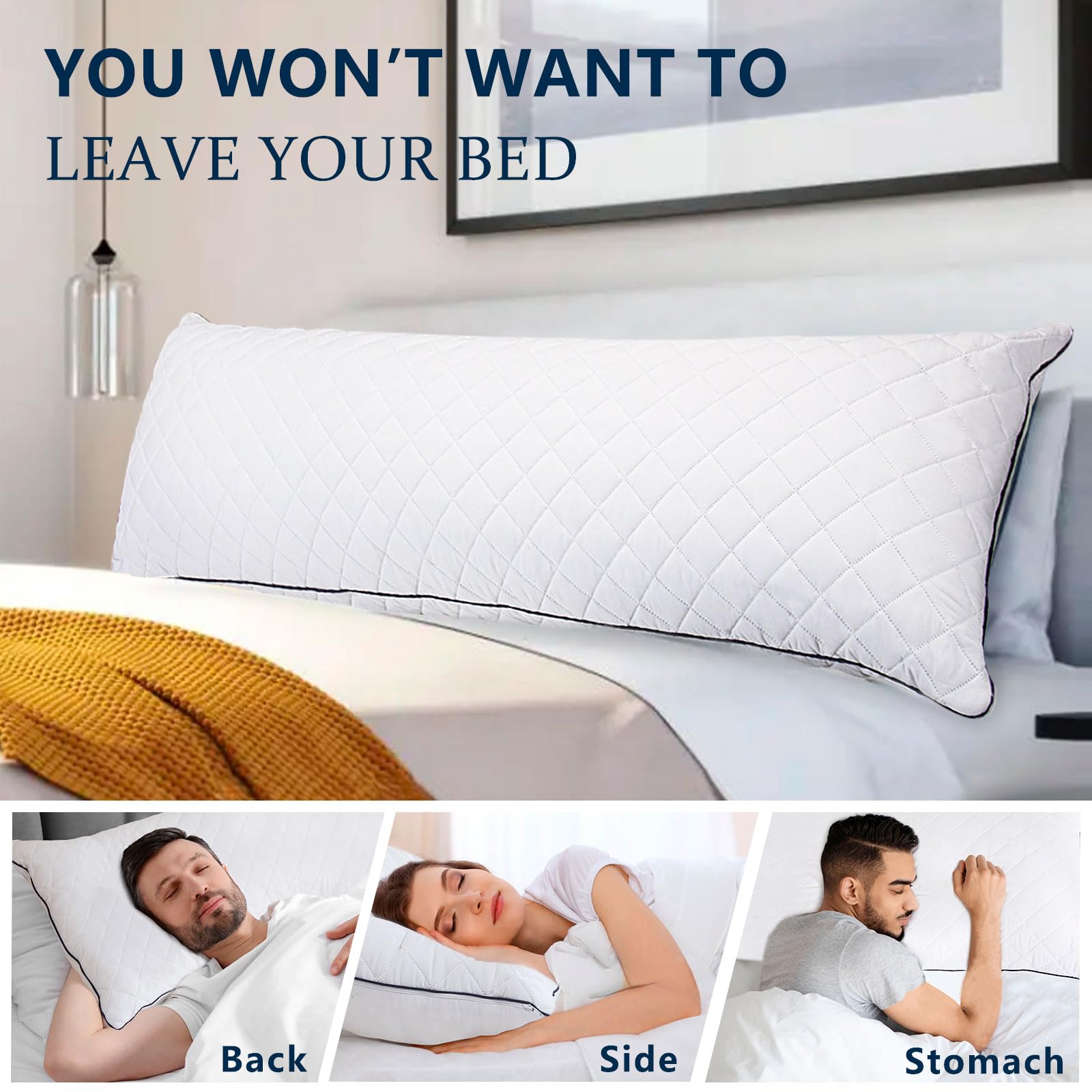 1 MIDDLE ONE full-length pillow on bed demonstrating support for head to knees and improved alignment