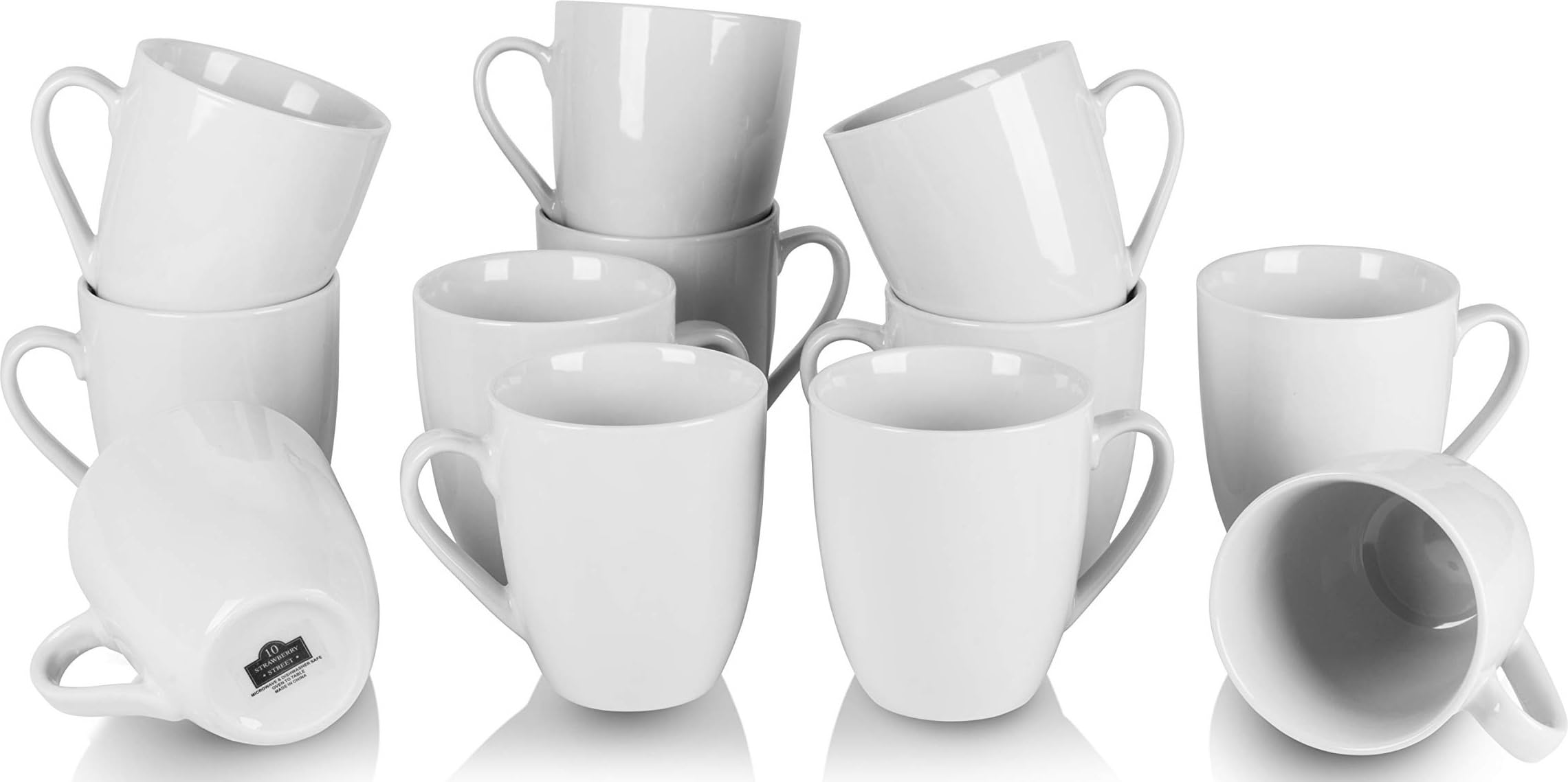 10 Strawberry Street front view of 12 white mugs showing clean presentation and uniformity