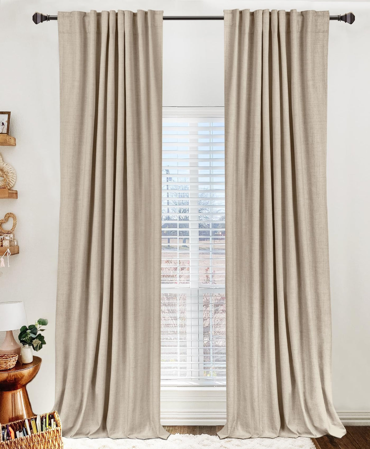 100% Blackout Shield front panel oatmeal showing full blackout coverage and elegant drape