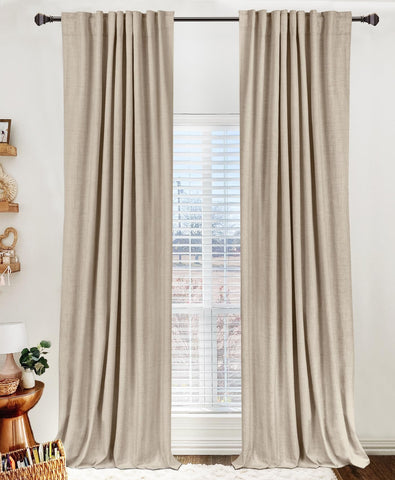 100% Blackout Shield front view oatmeal curtains showing full blackout benefit