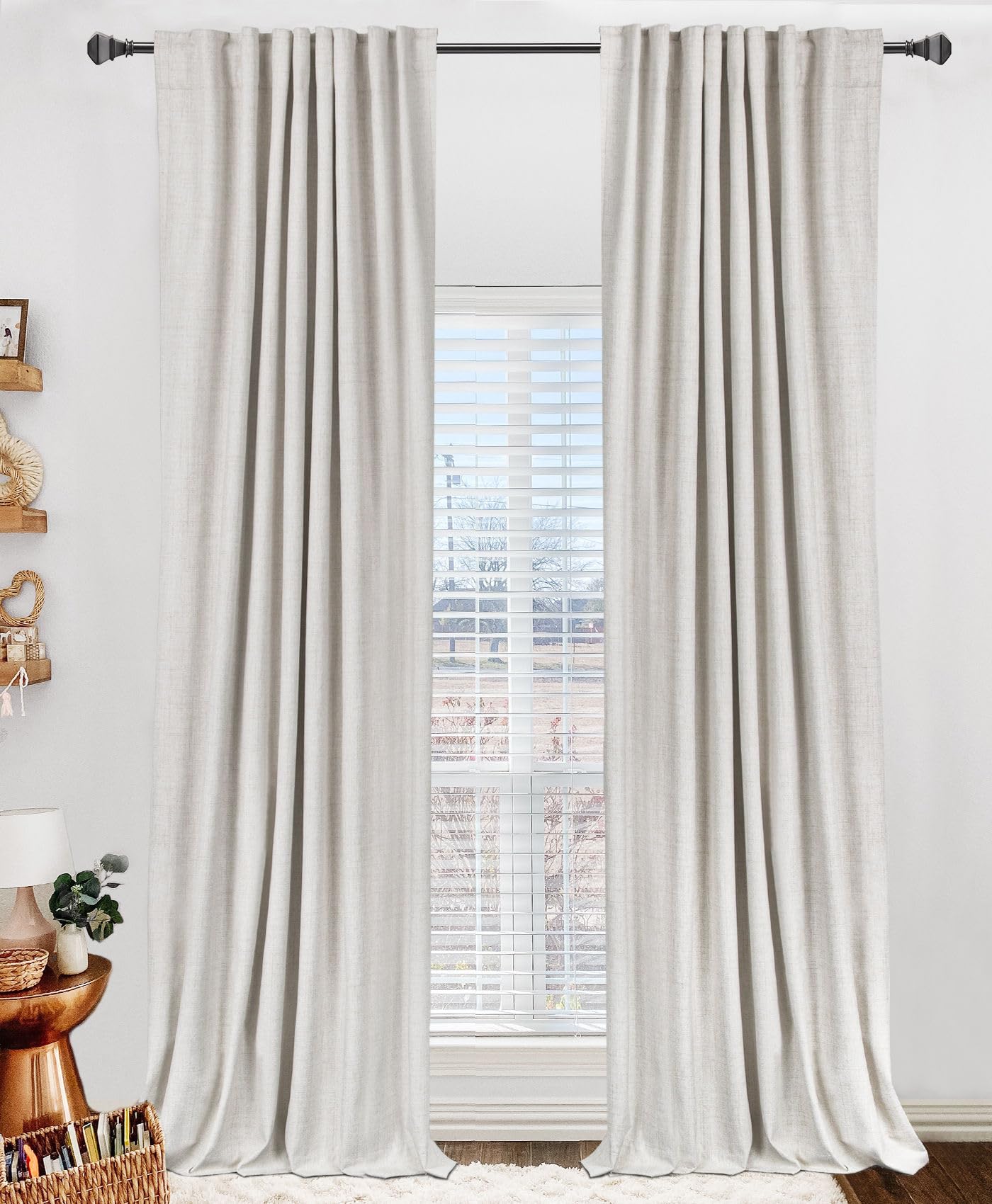 100% Blackout Shield front packaging showing beige curtains and benefits