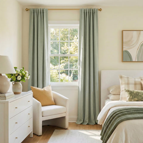 100% Blackout Shield curtains in a styled bedroom improving darkness and calm