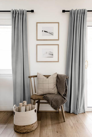 100% Blackout Shield curtain beside ruler showing 84 inch length scale