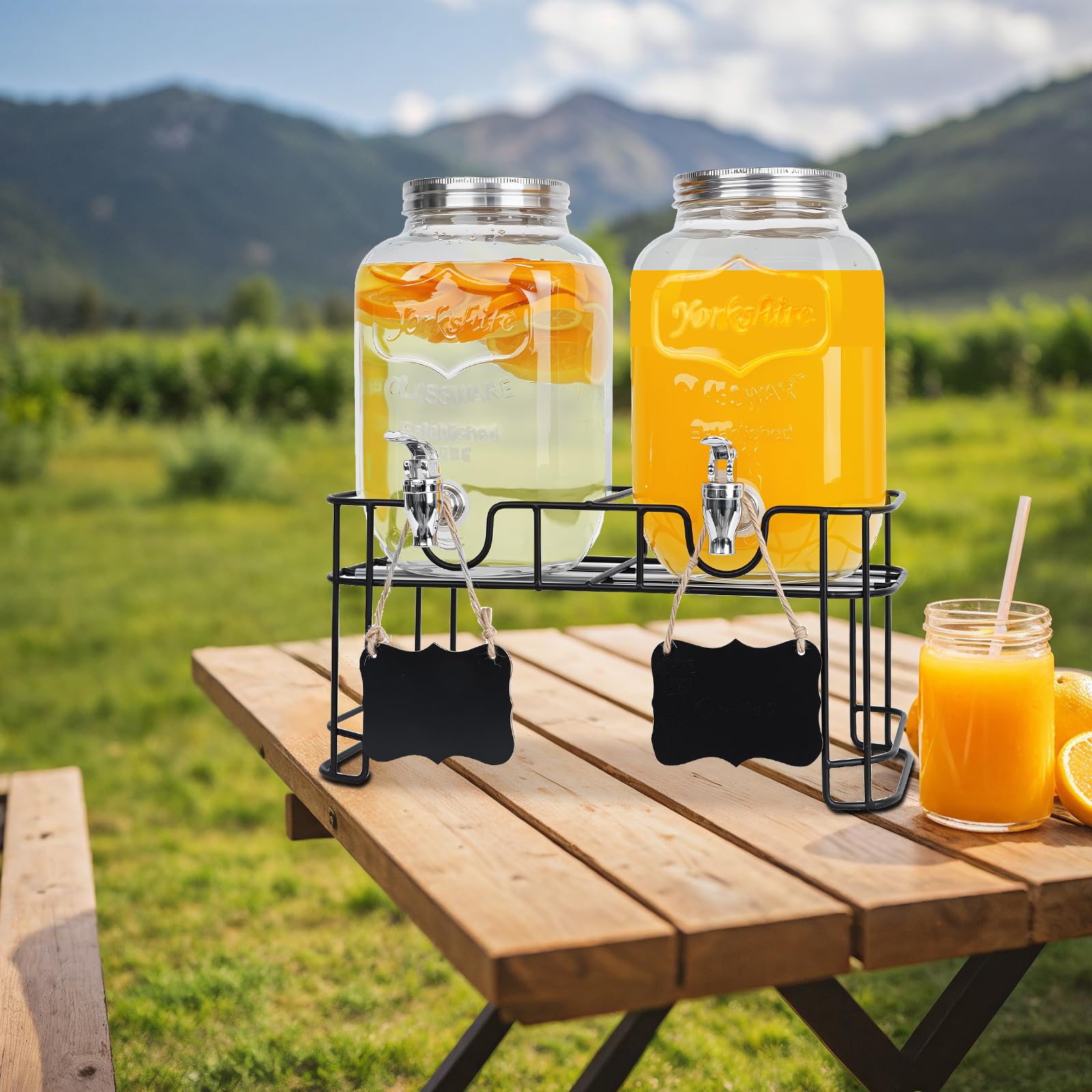 1ZIZIFA8 outdoor party setup showing dual dispensers creating a polished beverage station