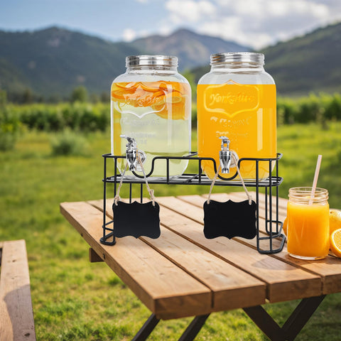 1ZIZIFA8 outdoor party setup showing dual dispensers creating a polished beverage station