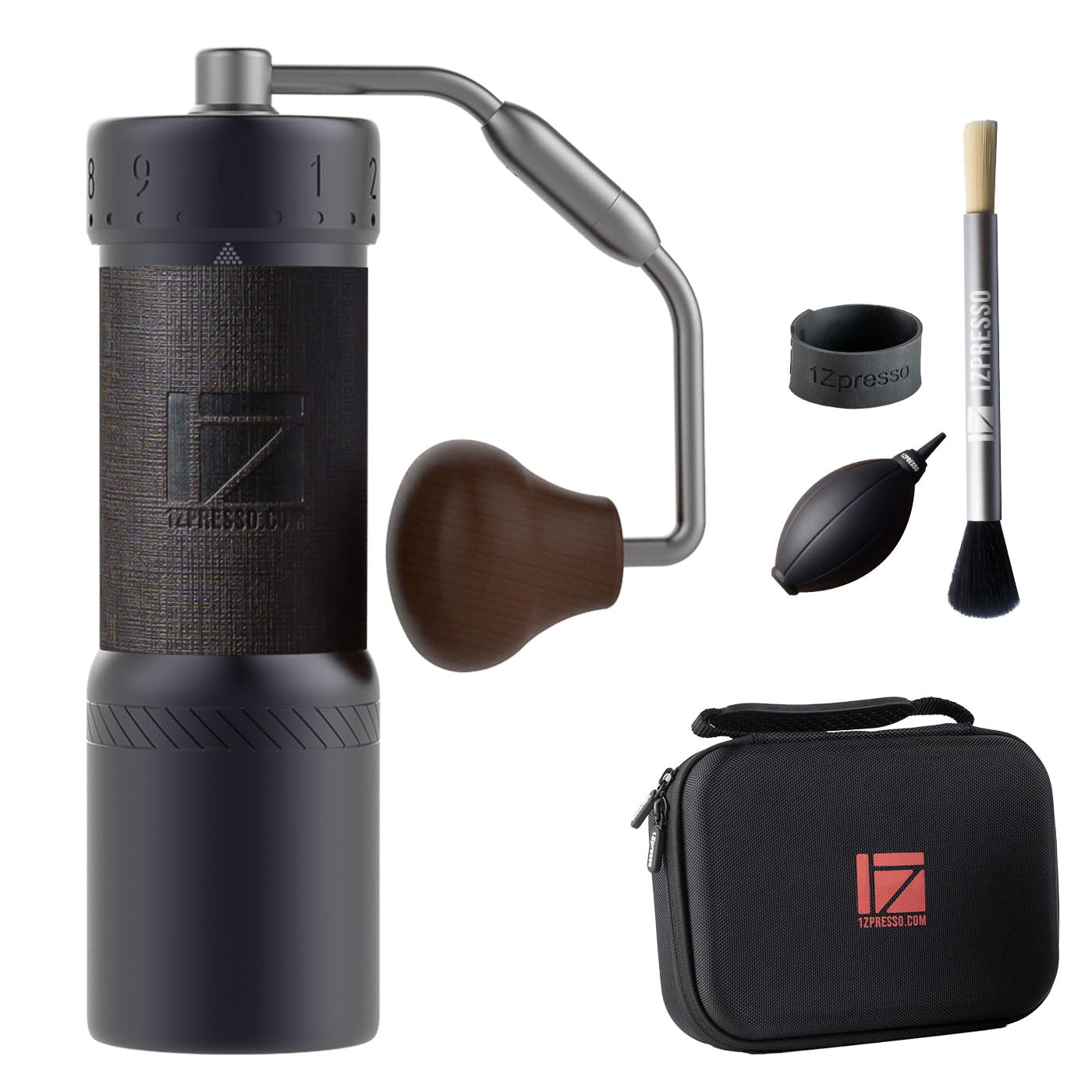 1Zpresso J-Ultra front view showing iron gray finish and sturdy base benefit portability