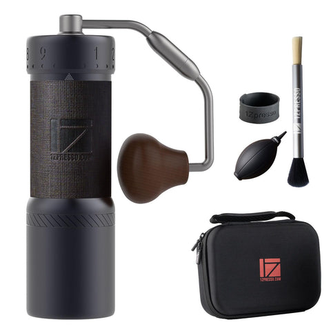 1Zpresso J-Ultra front view showing iron gray finish and sturdy base benefit portability