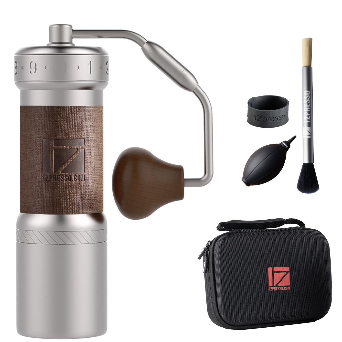 1Zpresso K-Ultra front view showing sleek silver finish and portability benefit