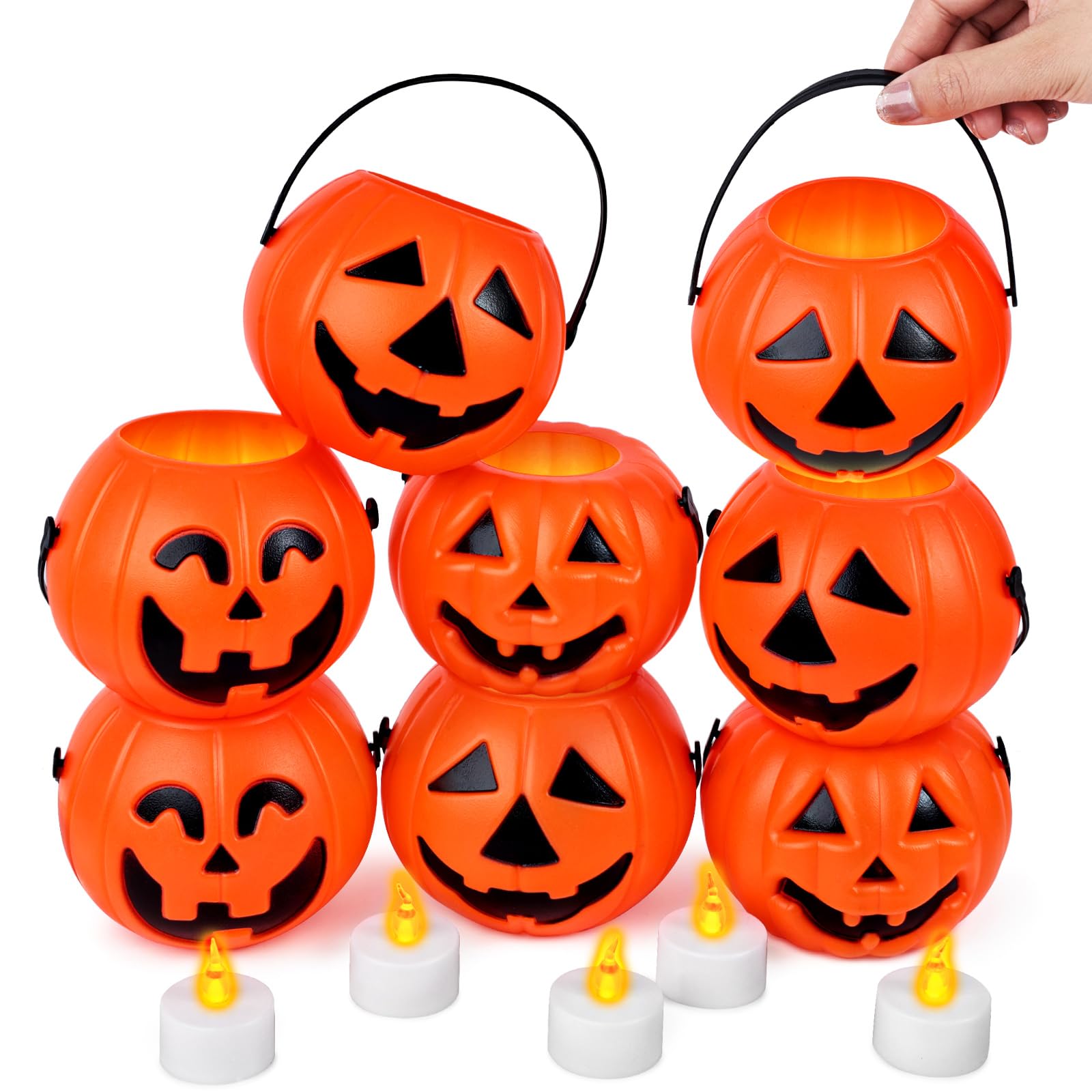 3 otters front packaging showing eight orange pumpkin buckets useful for parties