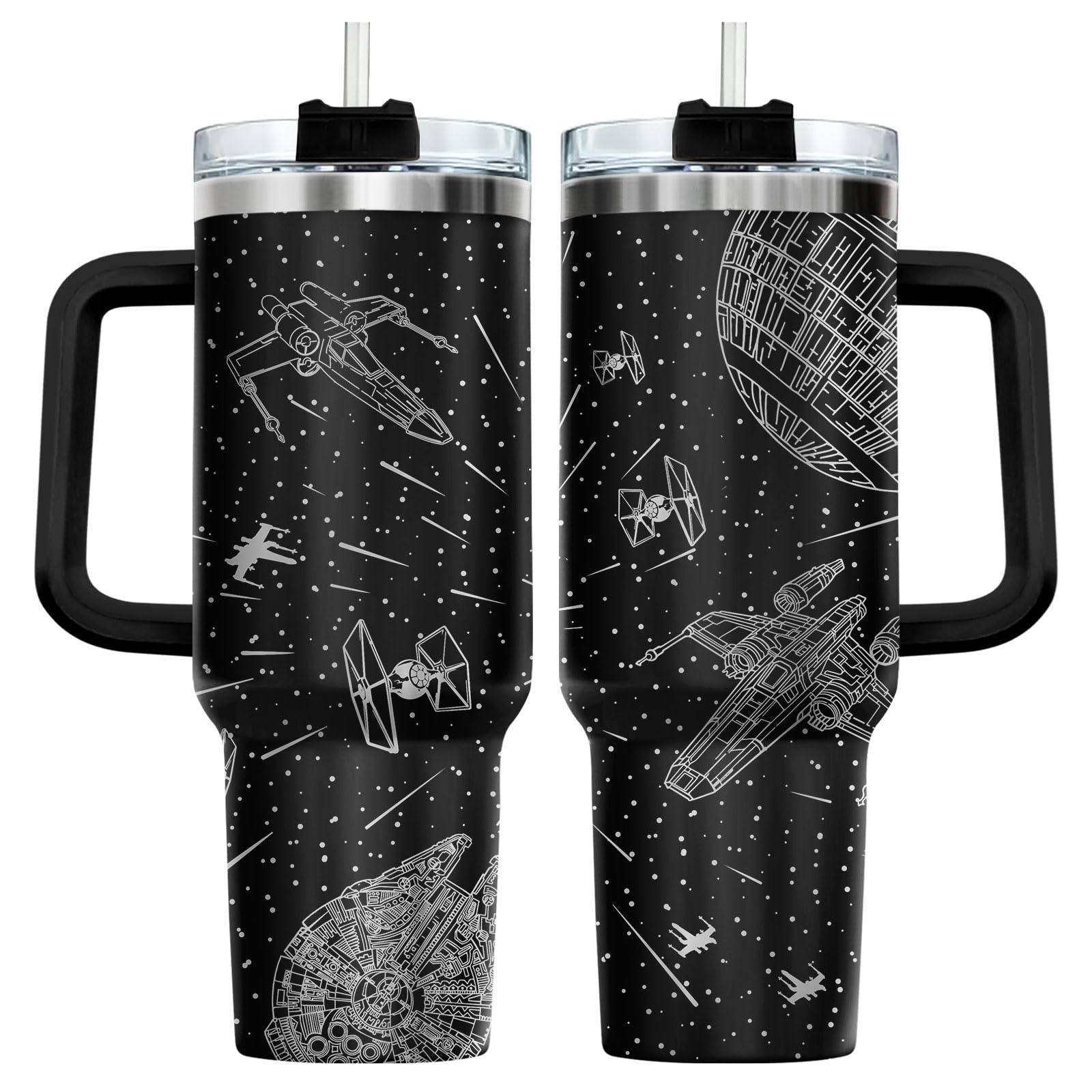 34HD front view of tumbler showing full-wrap space artwork and durable design
