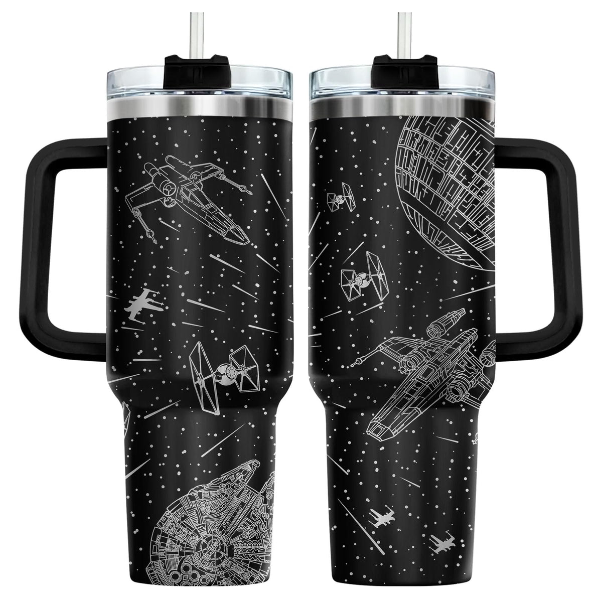 34HD front view of tumbler showing full-wrap space artwork and durable design