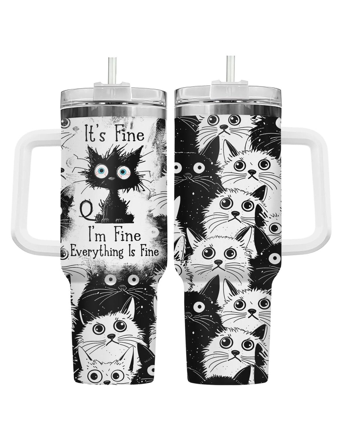 34HD tumbler front view showing cat artwork and quote, playful gifting benefit