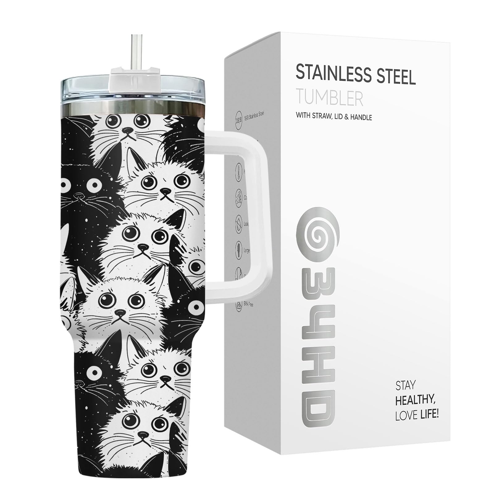 34HD secure lid and straw shown, reduces spills for travel convenience