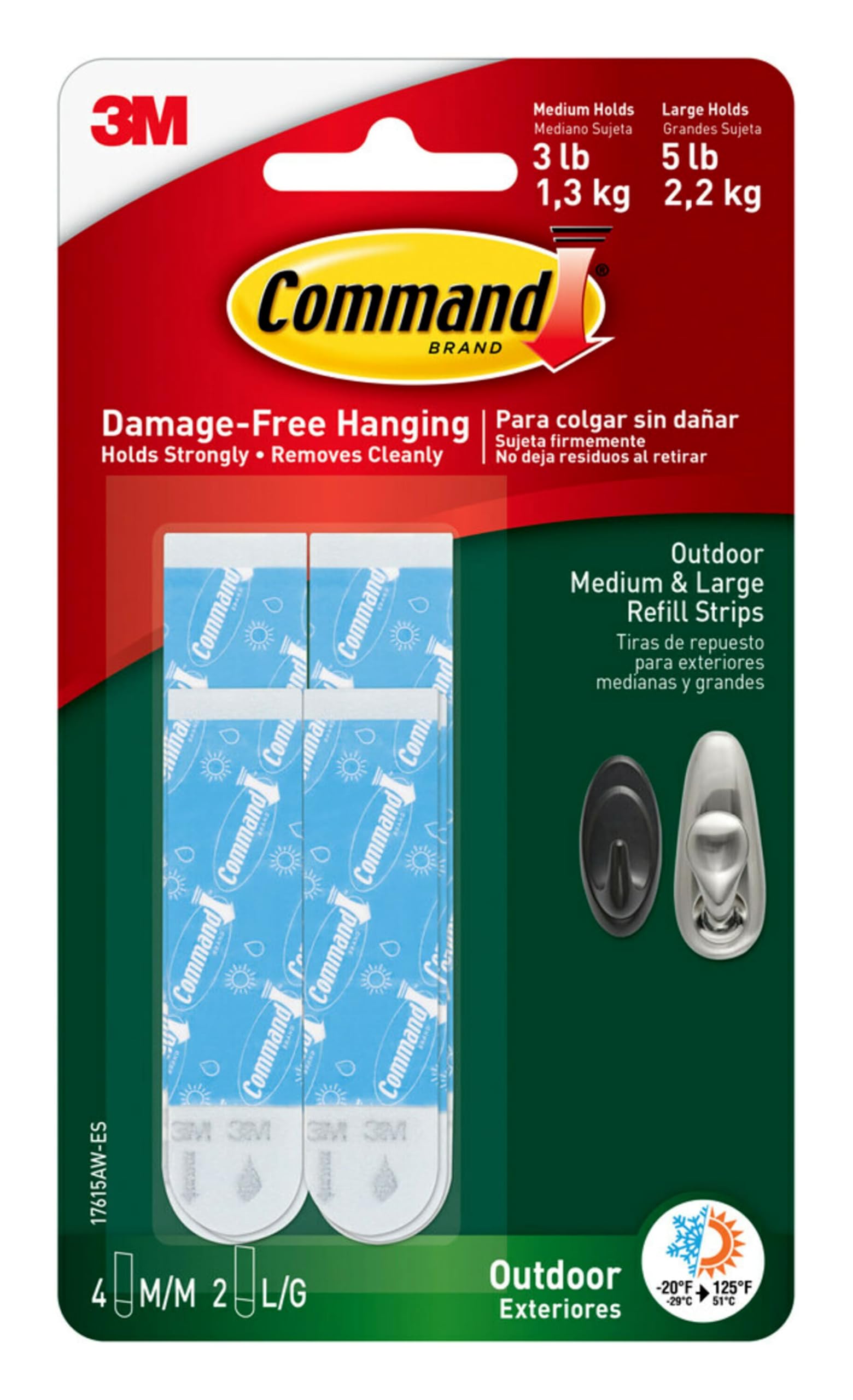 3M Command outdoor refill strips front package showing kit and clear contents benefit