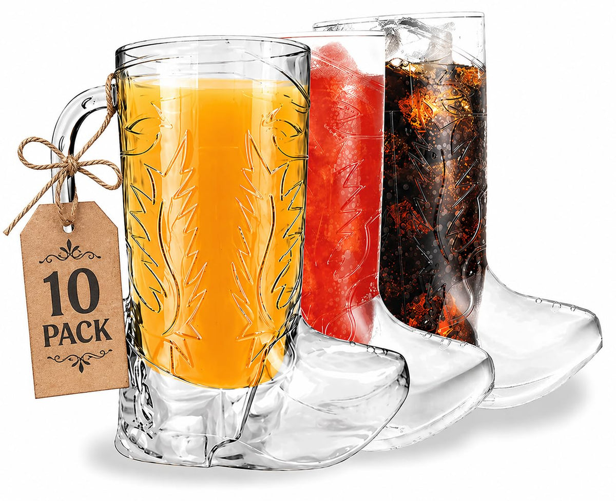 4E's Novelty front view of 10-pack cowboy boot cups, durable party-ready
