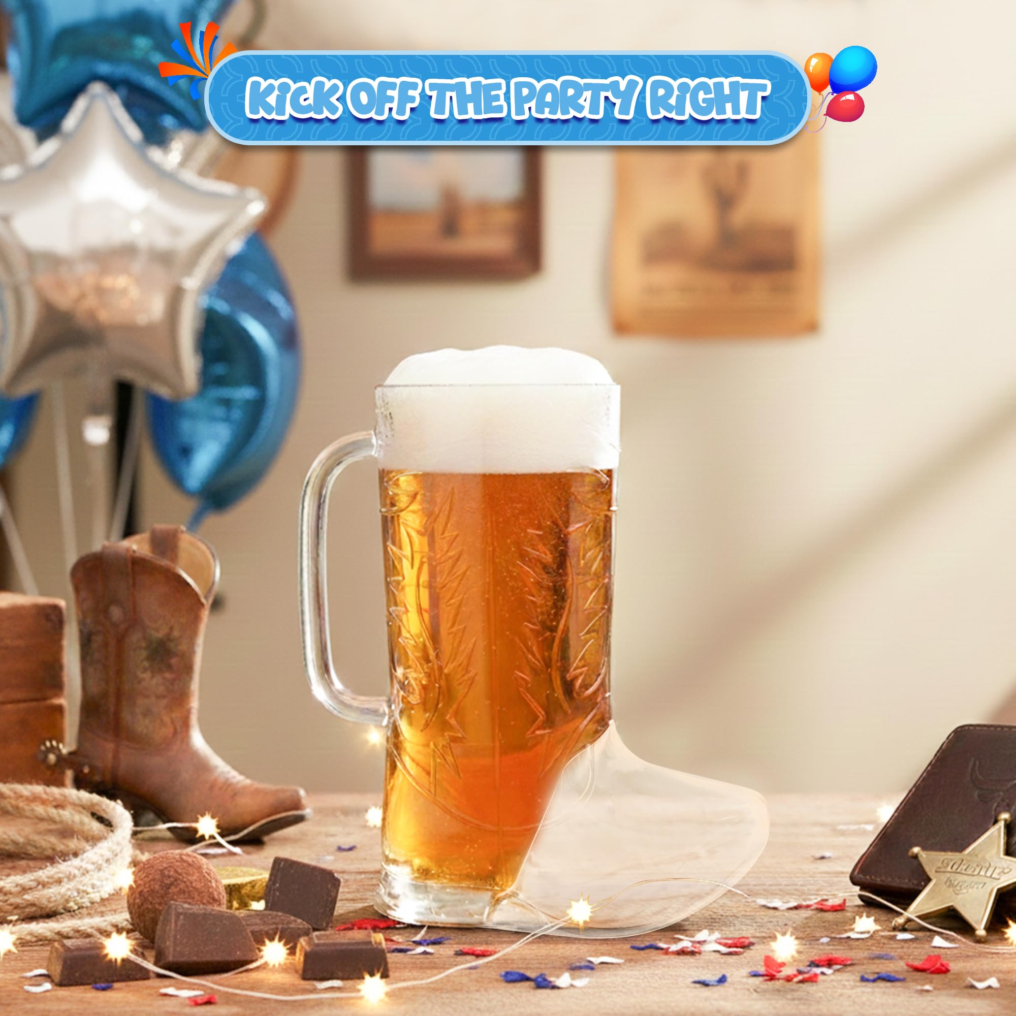 4E's Novelty boot cup next to standard glass to show 17 oz capacity