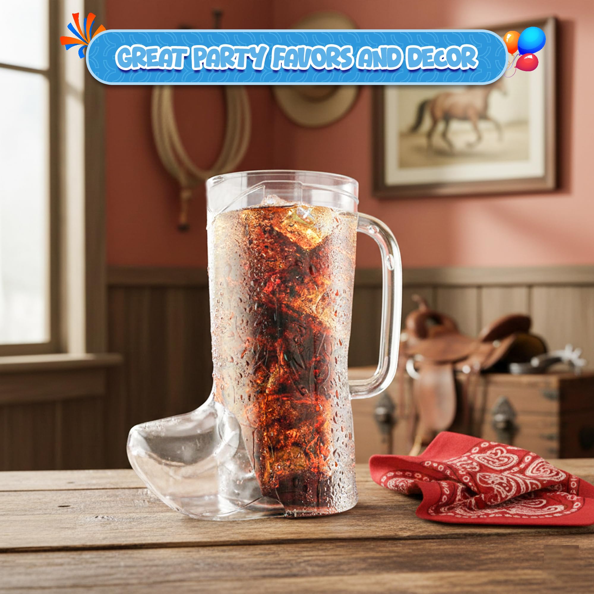 4E's Novelty cowboy boot cups arranged as western table centerpiece