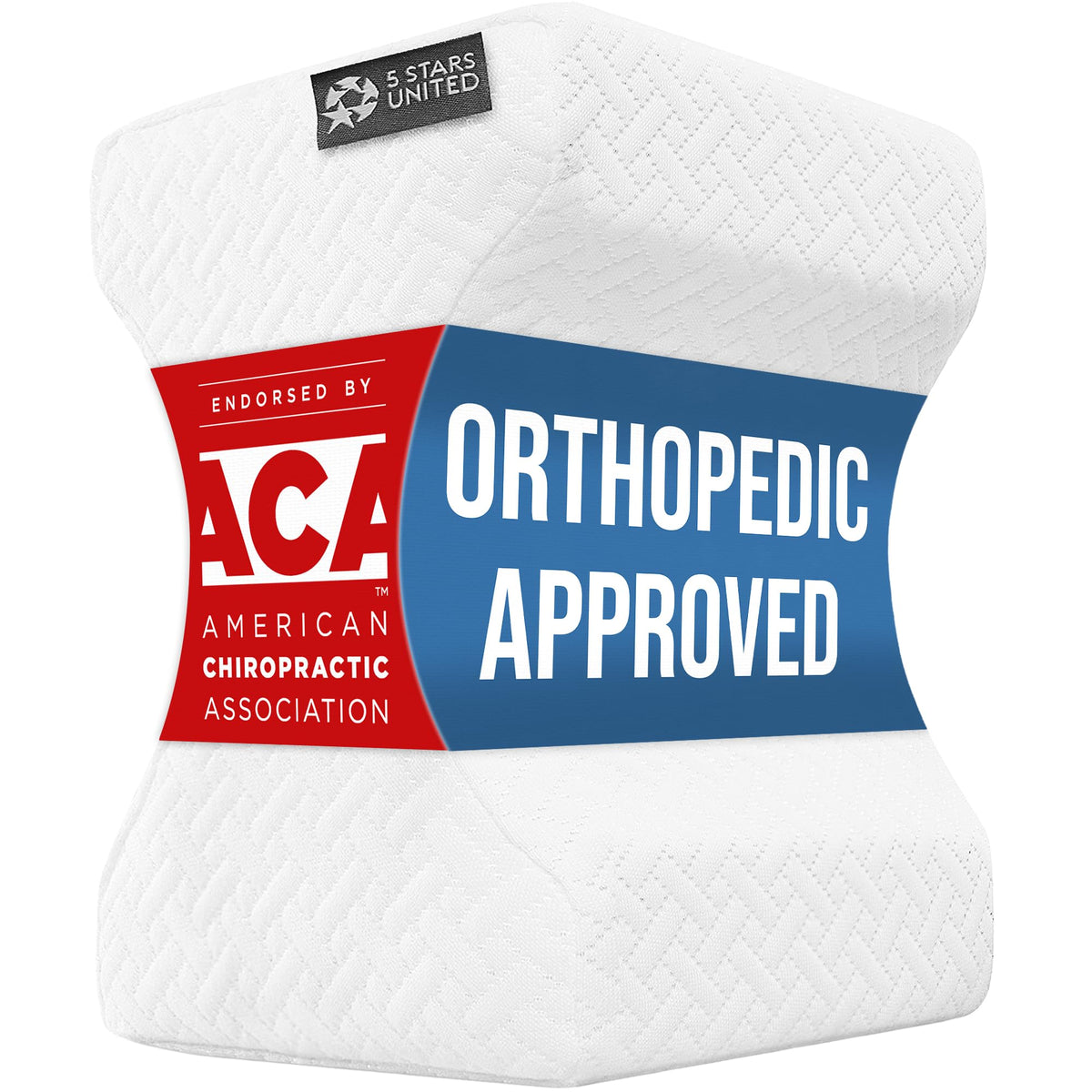 5 STARS UNITED front view of knee pillow showing ergonomic shape and immediate comfort