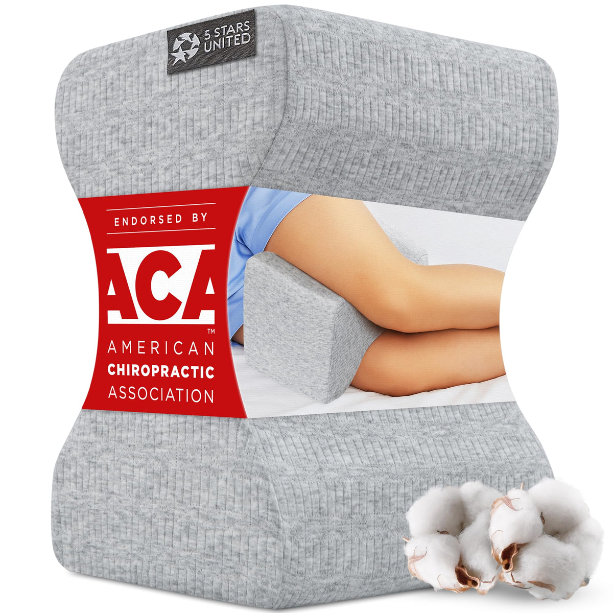 5 STARS UNITED front view of knee pillow showing ergonomic shape and improved spinal alignment
