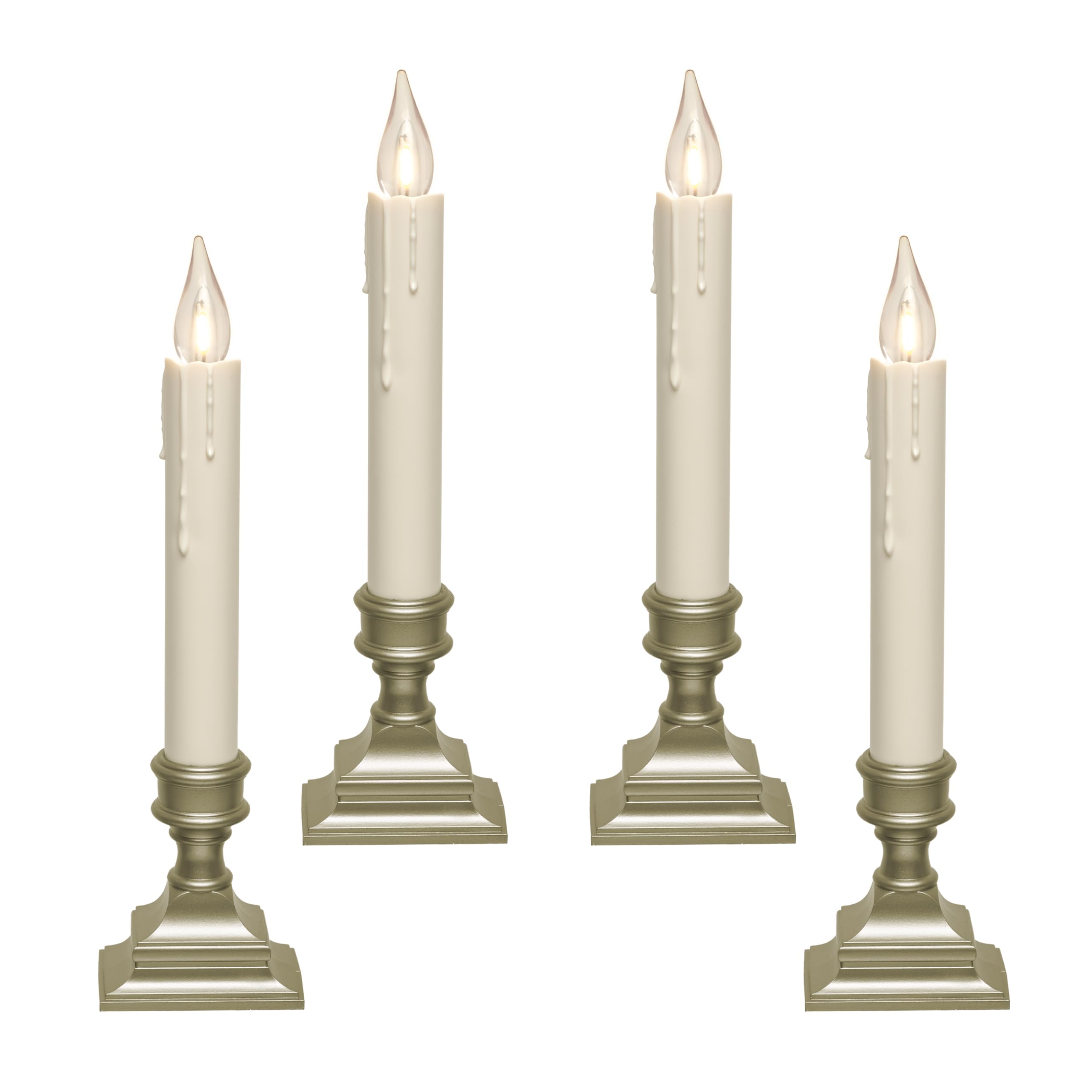 612 Vermont front view of four window candles showing pewter bases and warm glow for elegant decor