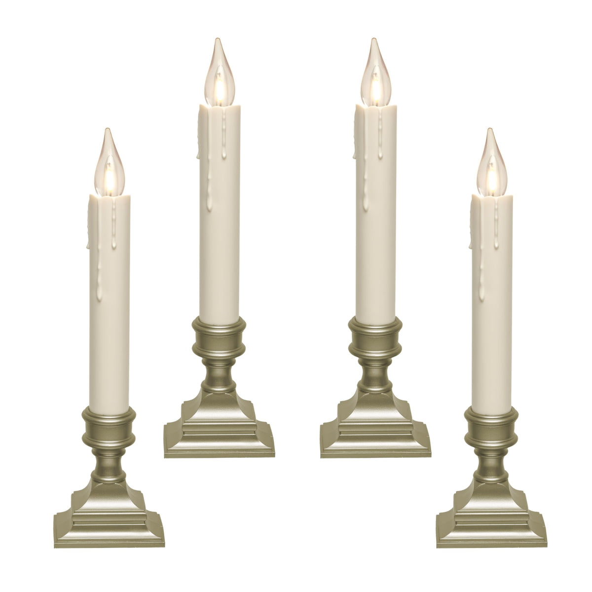 612 Vermont front view of four window candles showing pewter bases and warm glow for elegant decor