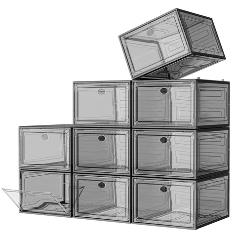 7 code front view of nine stacked clear shoe boxes showing neat storage benefit