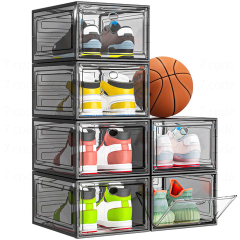 7 code front view of six-pack clear shoe boxes showing organized shoes and accessibility
