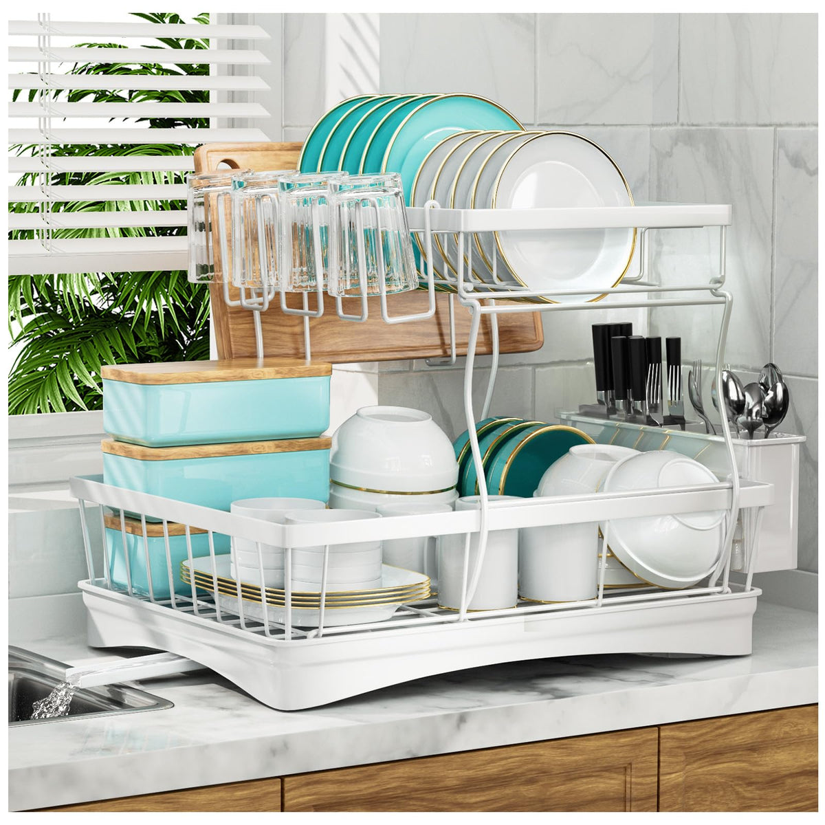 7 code front view of two-tier rack showing full drying capacity and organization