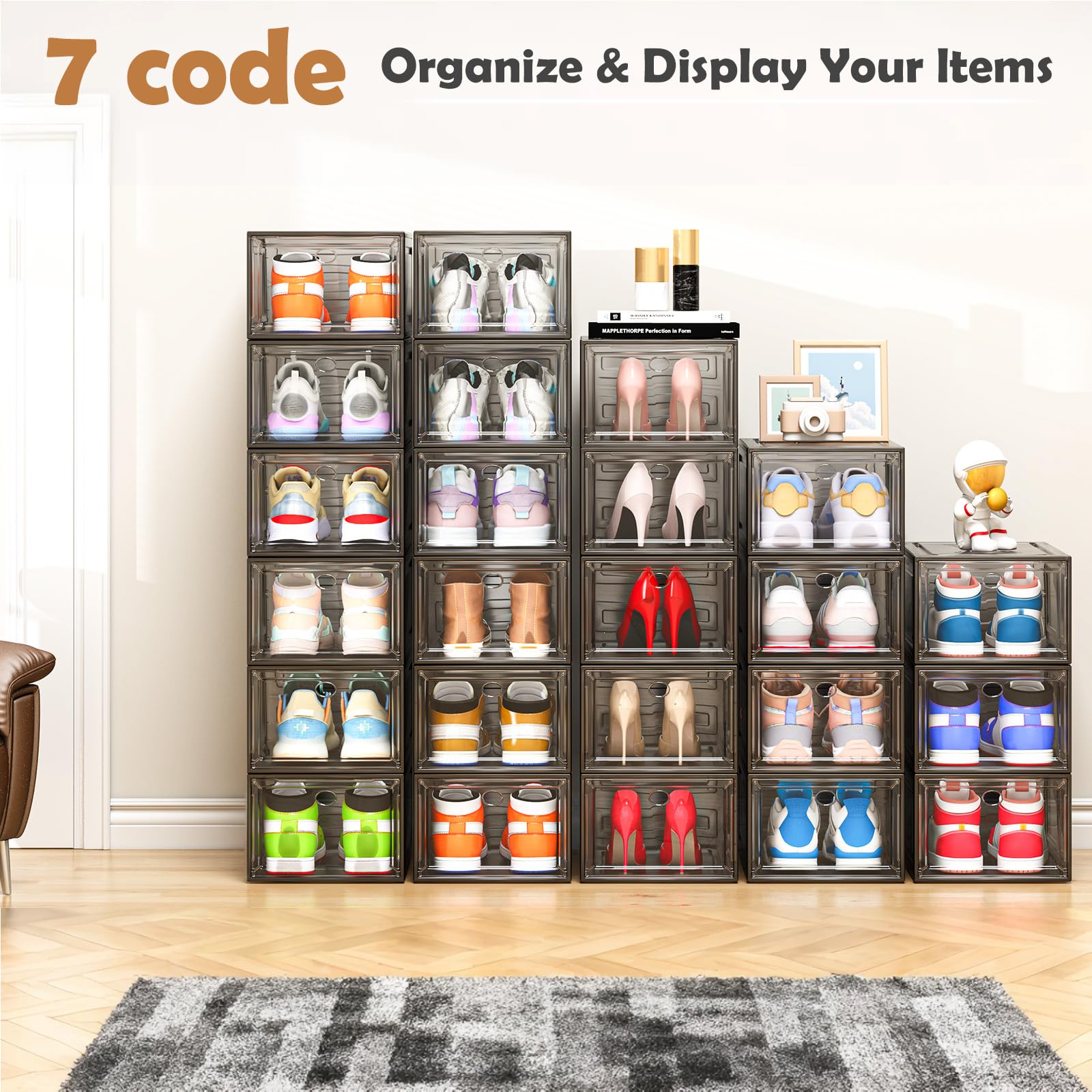 7 code entryway with stacked boxes showing tidy, accessible footwear benefit