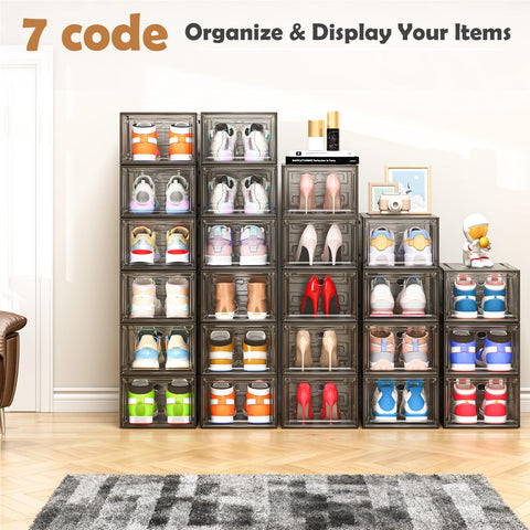 7 code entryway with stacked boxes showing tidy, accessible footwear benefit