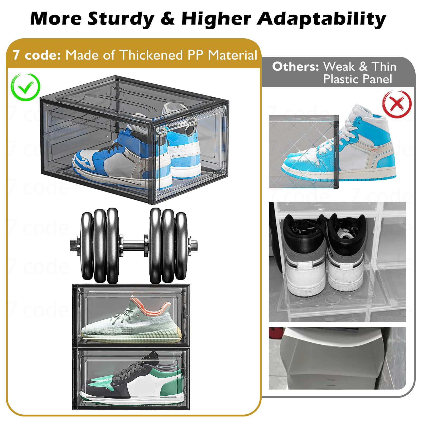 7 code pair of sneakers inside clear box preserving shape and quick visual retrieval