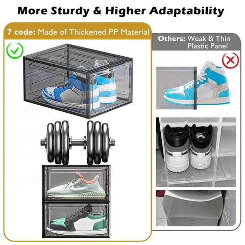 7 code pair of sneakers inside clear box preserving shape and quick visual retrieval