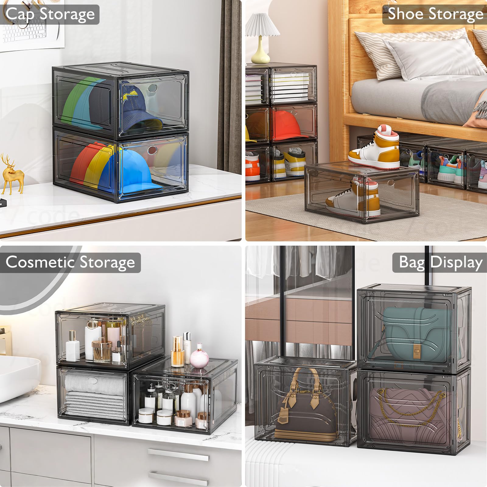 7 code boxes arranged on shelf showing organized storage and efficient closet use