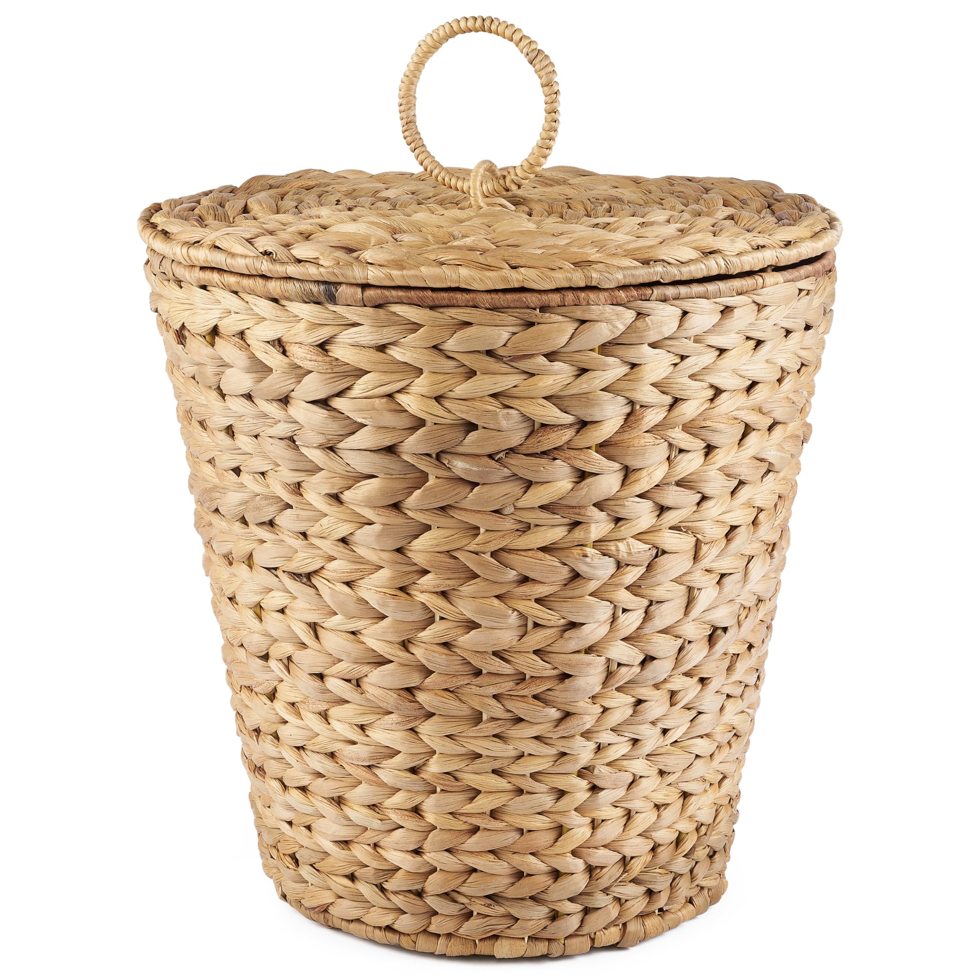 84ECO front view of wicker trash can showing natural hyacinth and lid, stylish storage